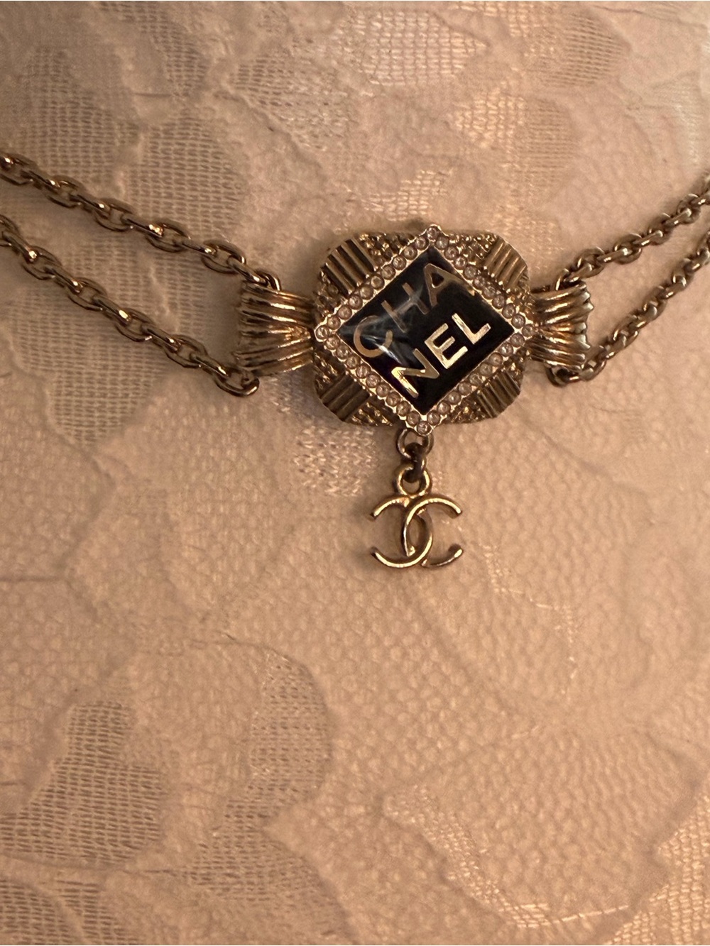 Vintage Chanel Necklace Silver Tone Black Logo Crystal CC Charm Authentic